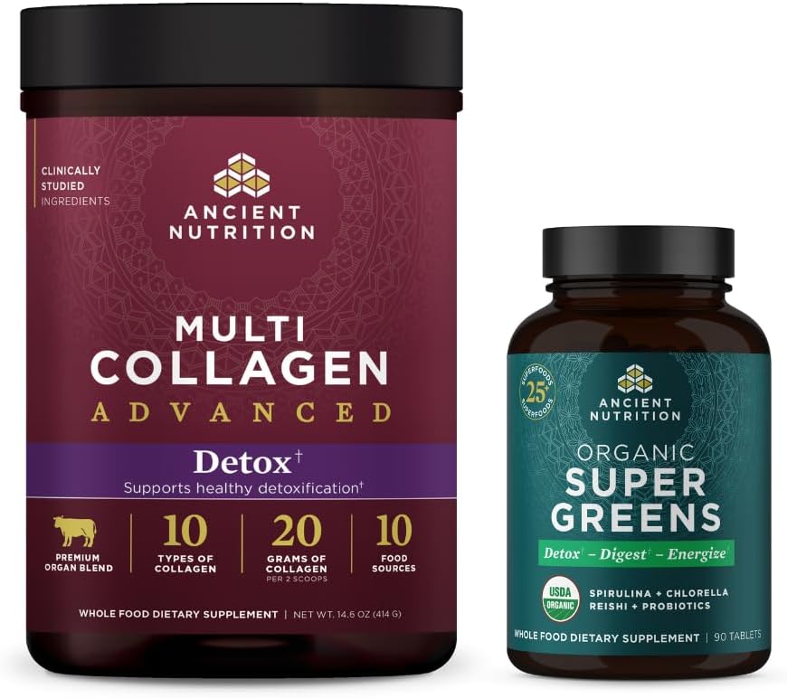 Ancient Nutrition Multi Collagen Advanced Powder Cleanse & Detox, Unflavored, 36 Servings + Organic Super Greens Tablet 90 Count