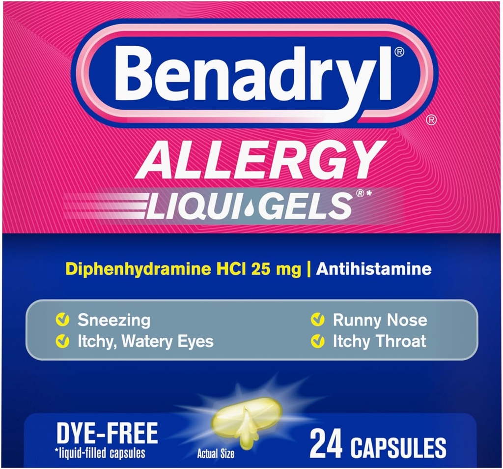 Benadryl Liqui-Gels Allergy Medicine, Dye-Free Liquid Gel Capsules with 25 mg of Diphenhydramine HCl Antihistamine for Relief of Allergy & Cold Symptoms Like Runny Nose & Sneezing, 24 ct