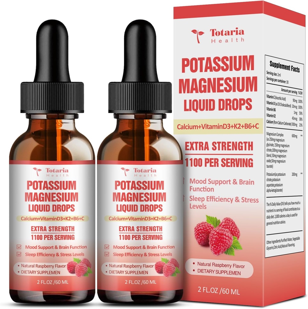 Potassium Magnesium Supplement Liquid Drops - High Absorption Potassium Supplement with Magnesium, Calcium, Vitamin D3 K2, Vegan, Non-GMO Potasio Support Leg Cramps, Bone, Muscle - 4 Fl oz