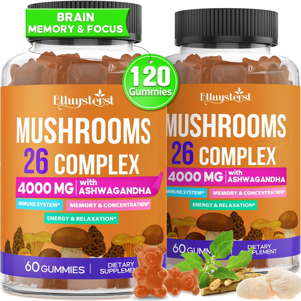 Mushroom Gummies for Adults 4000mg, Brain Supplements for Memory and Focus, 26 in 1 Mushroom Supplement Complex with Ashwagandha & Lion's Mane, Turkey Tail, Reishi, Cordyceps, Organic, 120 Count