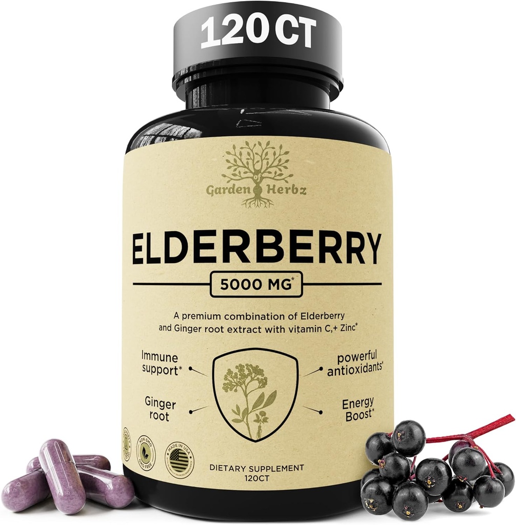 Elderberry with Vitamin C, Zinc, & Ginger – Potent Immune Booster 5000 Mg Elderberry, Zinc, & Vitamin C – Non-GMO Immunity Vitamins for Adults to Help You Feel Vibrant, 120 Caps