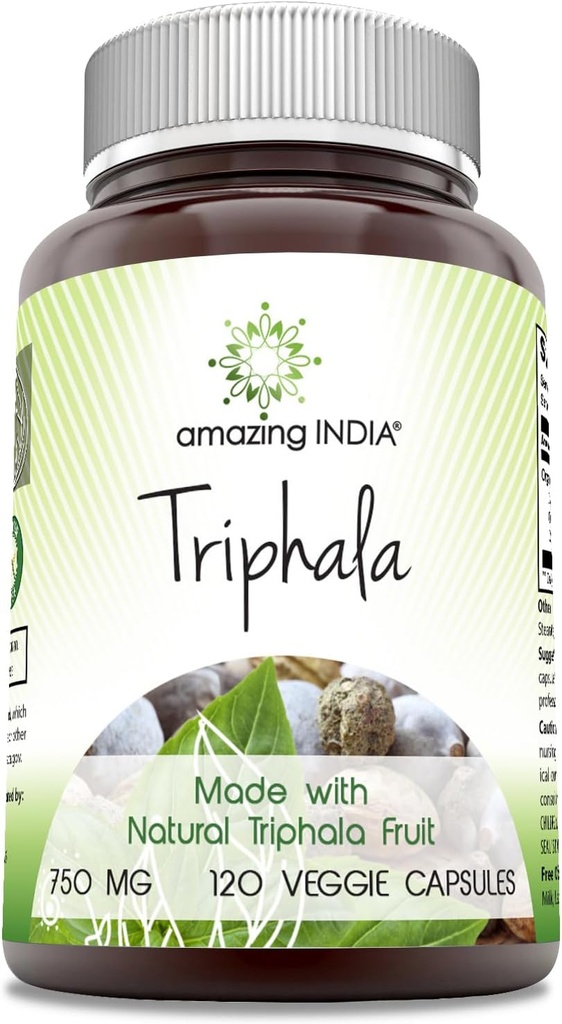Amazing India Triphala (Natural Triphala Fruit) Supplement | 750 Mg per Serving | 120 Veggie Capsules | Non-GMO | Gluten-Free