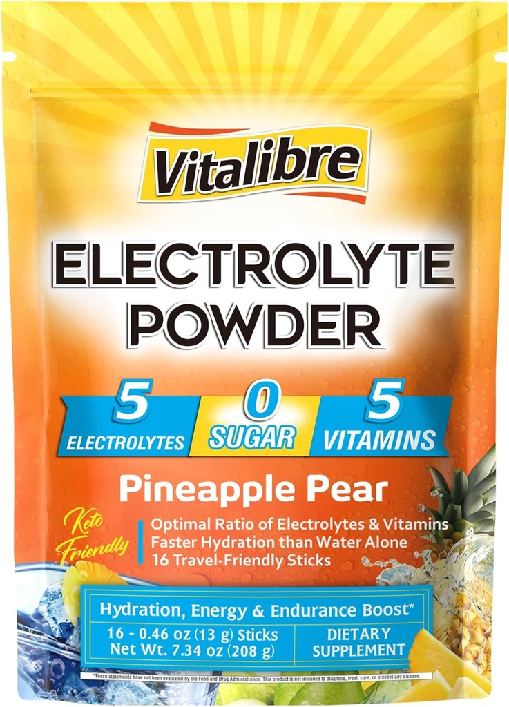 Electrolytes Powder Packets | Magnesium, Potassium, Sodium, Vitamin C | for Rapid Hydration | Zero Sugar & Keto | 16 Stick Packs | Pineapple Pear Flavor