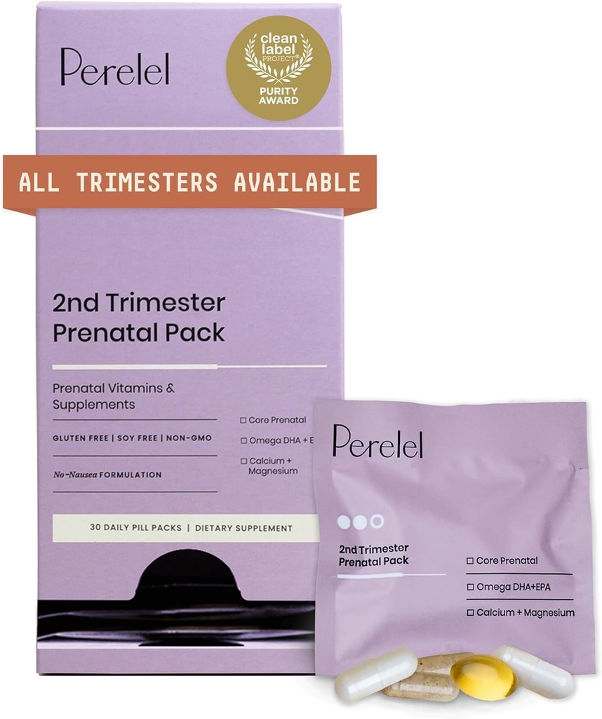 Perelel 2nd Trimester Prenatal Pack, Multivitamin with Magnesium, Omega 3, Iron & Calcium, Nutritional Support for Second Trimester Wellness, Soy & Gluten Free, Non GMO, 30 Daily Pill Packs