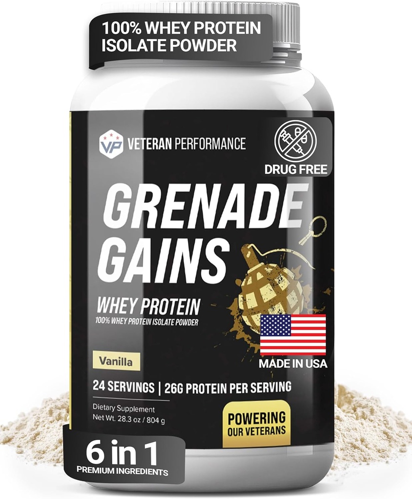 Grenade Gains Whey Isolate Powder with Creatine, L-Carnitine & Beta-Alanine - Third-Party Tested, Gluten-Free, No Artificial Sweeteners - USA Made, Vanilla, 24 Servings