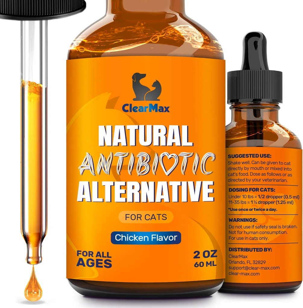 Cat Antibiotic to Help with Cough & Allergies – ​​Antibiotics for Cats to Aid with UTIs and Digestive Moments – HIPS & Joints Support – Attractive Chicken Taste – 2 Oz Bottle