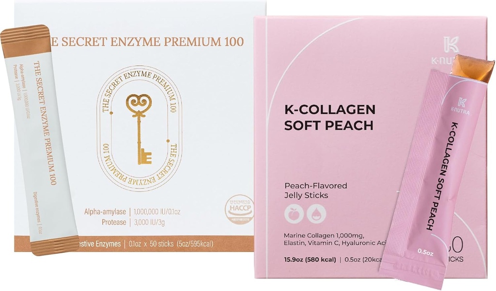 The Secret Enzyme Premium 100 (50 Sticks) & K-Collagen Soft Peach Collagen Jelly (30 Sticks) for Digestive Health, Skin Health