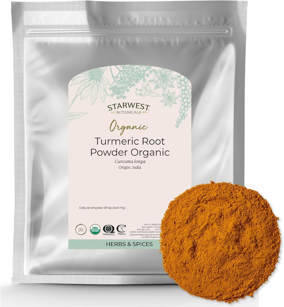 Starwest Botanicals Organic Ground Turmeric Root Powder - Curcumin Spice for Cooking & Seasoning, Natural Source of Antioxidants, Immune Support, Certified Kosher, Non-GMO - Bulk 1 lb Bag