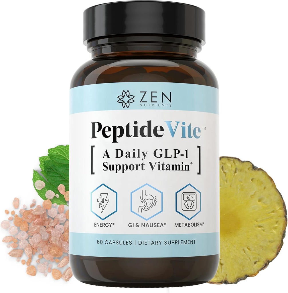 Zen Nutrients PeptideVite GLP-1 Support Vitamin for Gut Health with Probiotics, Bromelain, Chromium Picolinate & Organic Ginger (60 Capsules)