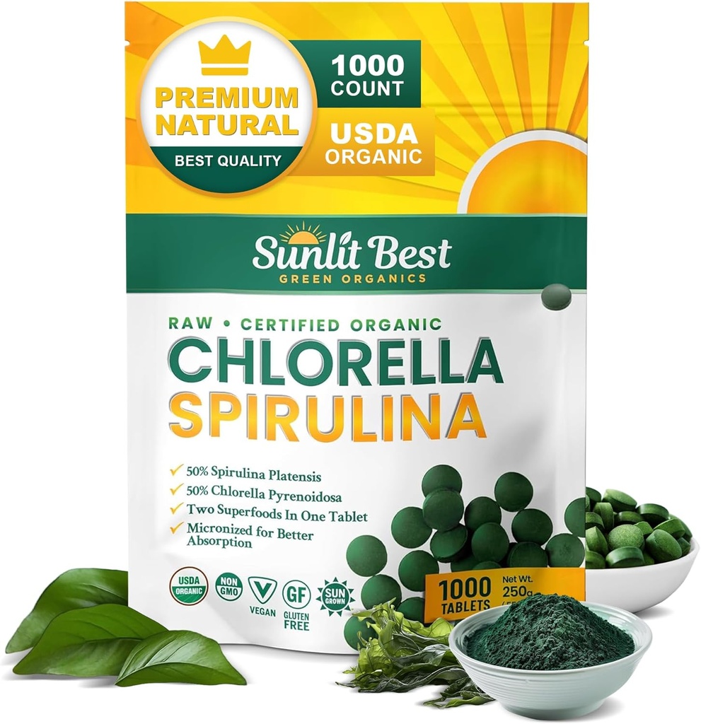 Sunlit Best Chlorella Spirulina Tablets - Organic USDA, Premium Spirulina and Chlorella Tablets 1000 Count - Sun Chlorella Pure Natural Superfood with Algae, Enzymes Chlorophyll & Vegan Protein