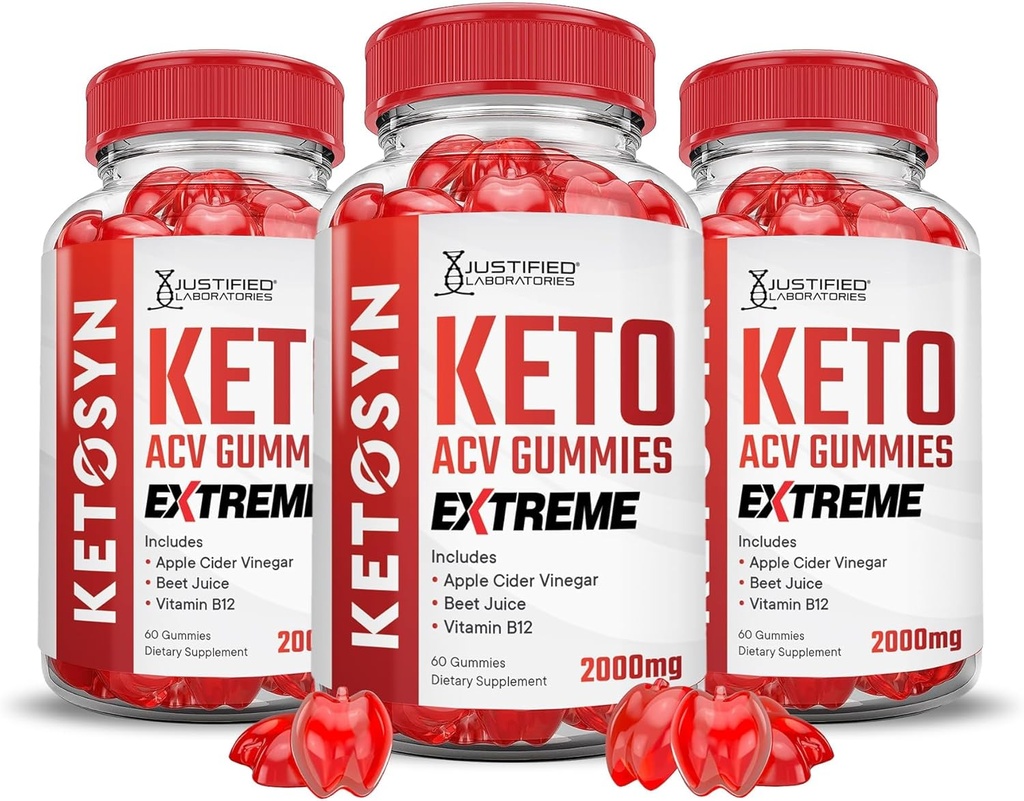 Justified Laboratories (3 Pack Ketosyn Keto ACV Gummies Extreme 2000MG Ketosyn Keto Gummies Apple Cider Vinegar Formulated with Pomegranate Beet Juice Powder B12 Vegan Non GMO 180 Gummys