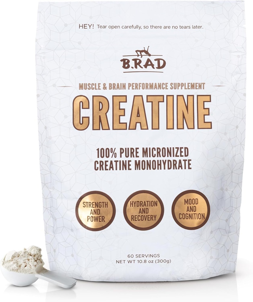 B.rad 100% Pure Micronized Creatine Monohydrate Powder | Natural, No Additives | Boosts Muscle Strength, Recovery & Performance | Supports Brain Health | 300g, 60 Servings