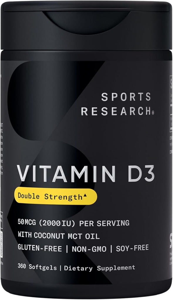 Sports Research Vitamin D3 2000 IU with Coconut MCT Oil - Double Strength Vitamin D Supplement - Non-GMO Verified, Gluten & Soy Free – 50mcg, 360 Liquid Softgels