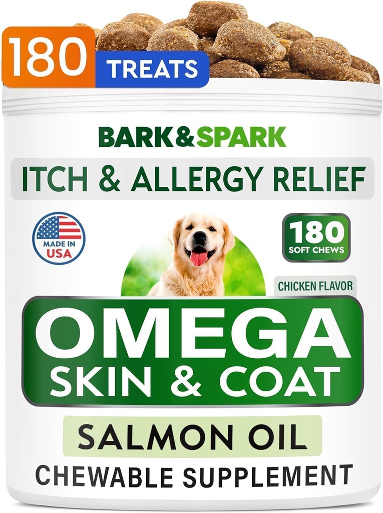 BARK&SPARK Omega 3 for Dogs - 180 Fish Oil Treats for Dog Shedding, Skin Allergy Chews, Itch Relief, Hot Spots Treatment - Joint Health - Skin and Coat Supplement - EPA & DHA Fatty Acids - Salmon Oil
