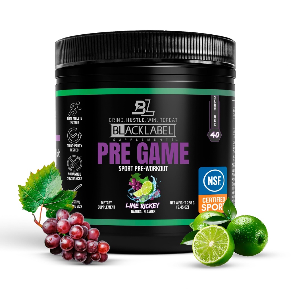 Blacklabel PRE-Game NSF Certified for Sport Pre-Workout (Lime Rickey) | Customizable 150mg Caffeine for Energy and Focus, Low-Stimulant Pre Workout for Men and Women, 40 Servings