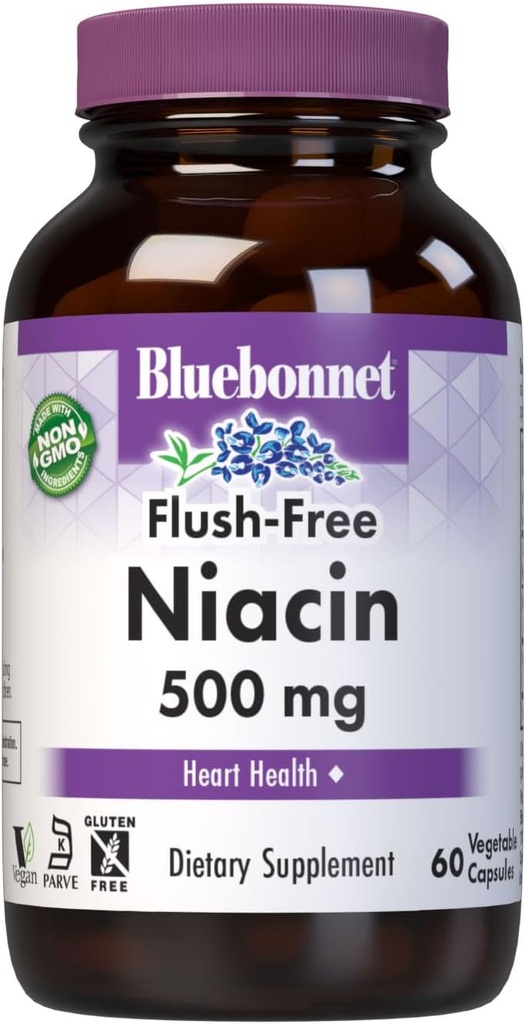 Bluebonnet Nutrition Flush-Free Niacin 500mg, for Nutritional Cardiovascular Support*, Soy-Free, Gluten-Free, Non-GMO, Kosher Certified, Dairy-Free, Vegan, 60 Vegetable Capsules, 60 Servings