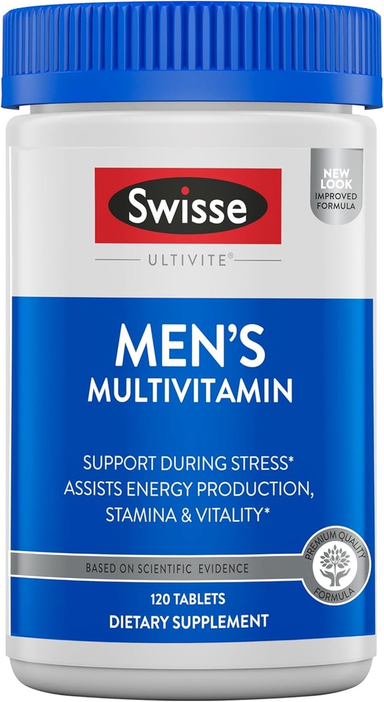 Swisse Ultivite Mens Daily Multivitamins | 50 Vitamins, Antioxidants and Minerals + Adaptogens | Energy, Stress & Immune Support | Mens Vitamins | 120 Tablets