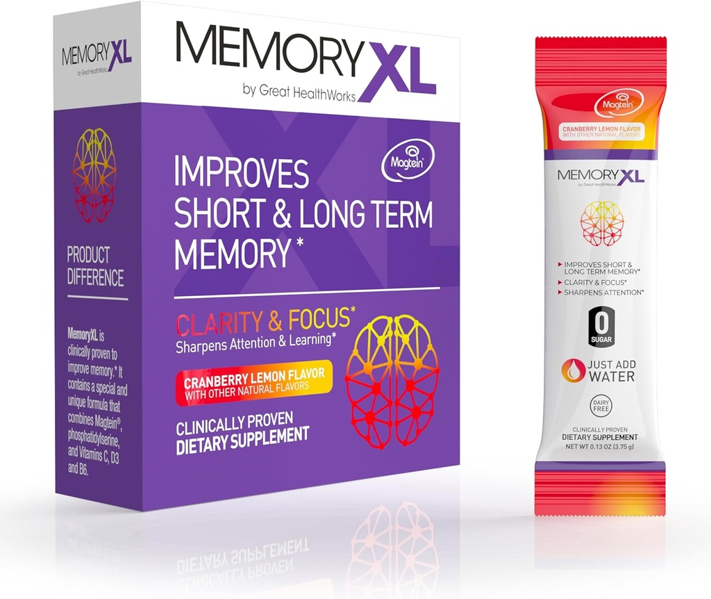 MemoryXL, Magnesium L-Threonate: Brain Supplement for Memory & Focus; Magtein®, Phosphatidylserine, Vitamin Mix. Improves Memory Focus Attention Learning & Logic. 0 Sugar, 0 Cal, 30pk Cranberry Lemon