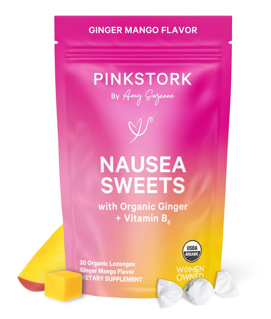 Pink Stork Organic Mango Sweets with Vitamin B6 for Morning Sickness and Motion Sickness, Added Ginger & Vitamin B6, 1st Trimester Pregnancy Must Haves - 30 Wrapped Candies