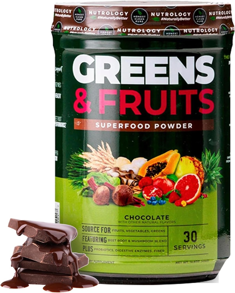 Nutrology Greens & Fruits Powder-Naturally Sourced Fruits, Vegetables, Beet Powder & Mushroom Blend, Probiotics, Digestive Enzymes, Fiber, Antioxidants, Immune Support, Gluten Free - Chocolate