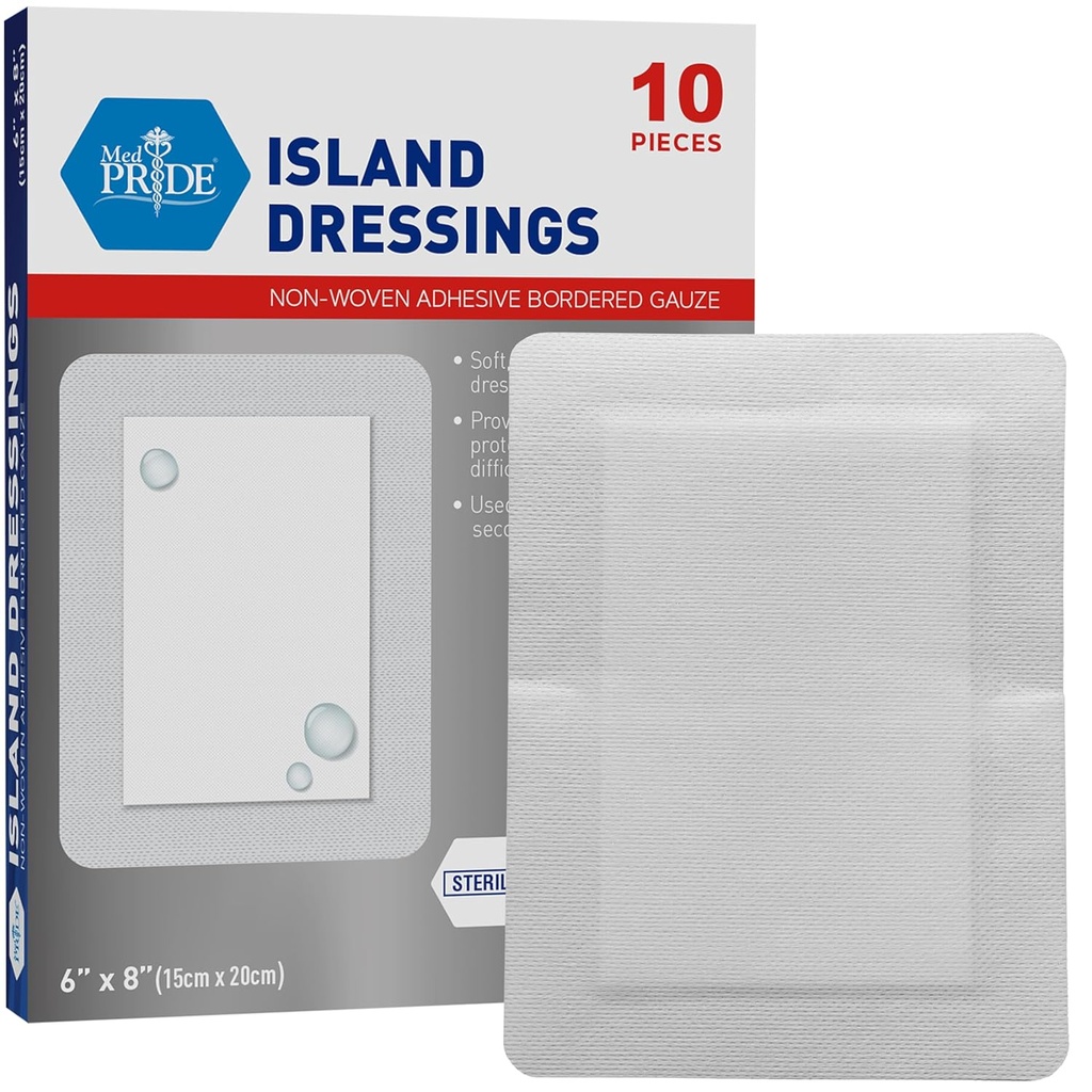 MED PRIDE Adhesive Island Dressing Large Gauze Pads for Wounds Sterile Absorbent Breathable Latex and Rubber Free Individually Packed (6'' x 8'')