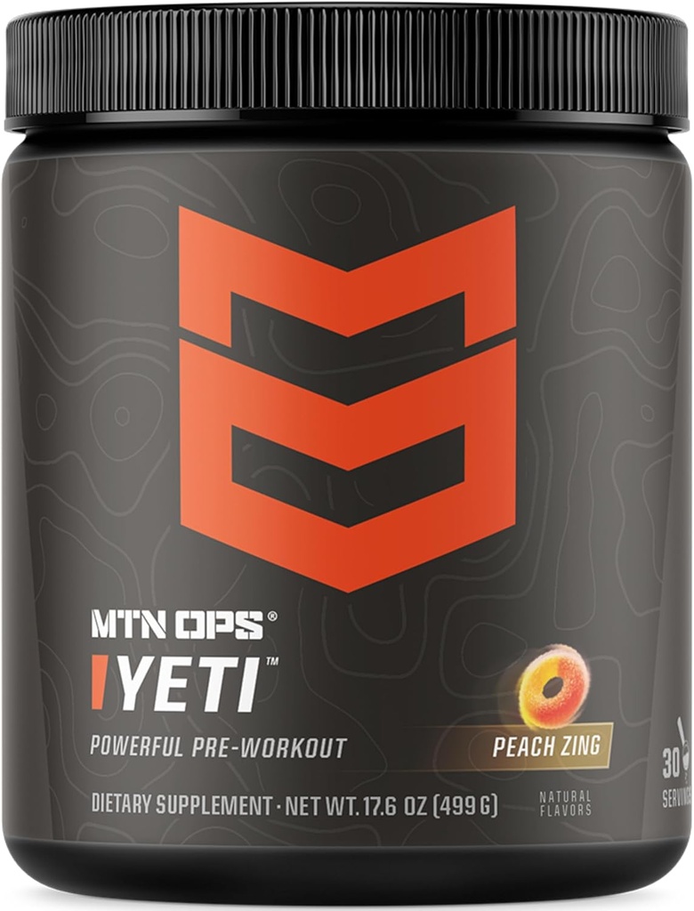 MTN OPS Yeti Pre-Workout Powder Energy Drink with Creatine, 200mg Caffeine & BCAAs with Beta Alanine, 30-Serving Tub, Peach Zing