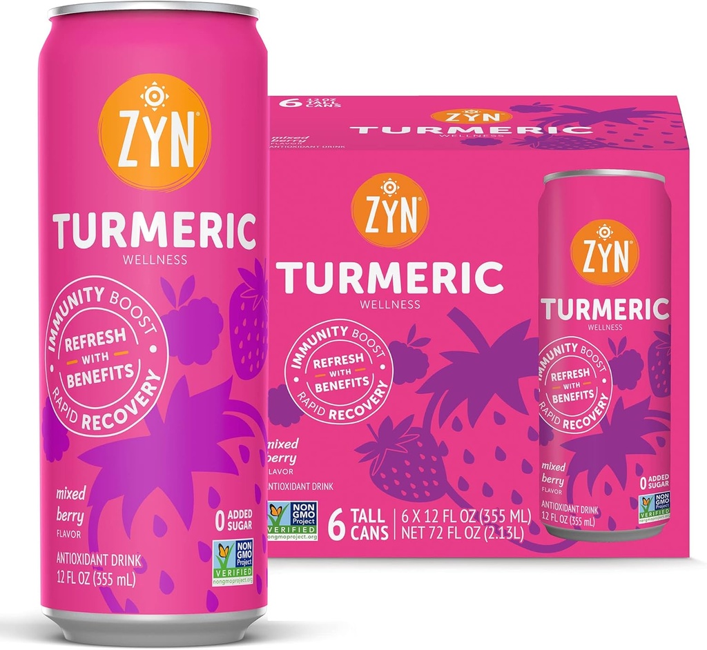 ZYN Turmeric Wellness Drink 6 (Pack), Mixed Berry Flavored Turmeric Curcumin Drink with Black Pepper, No Added Sugar, Low Carb & Low Calorie Drink, Clean Alternative