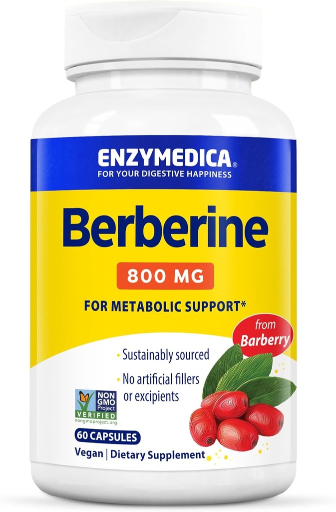 Enzymedica Berberine 800 mg – Vegan Capsules for Metabolic Support – from Sustainably Sourced Barberry – Non-GMO, Gluten-Free, No Fillers or Excipients – 60 Capsules