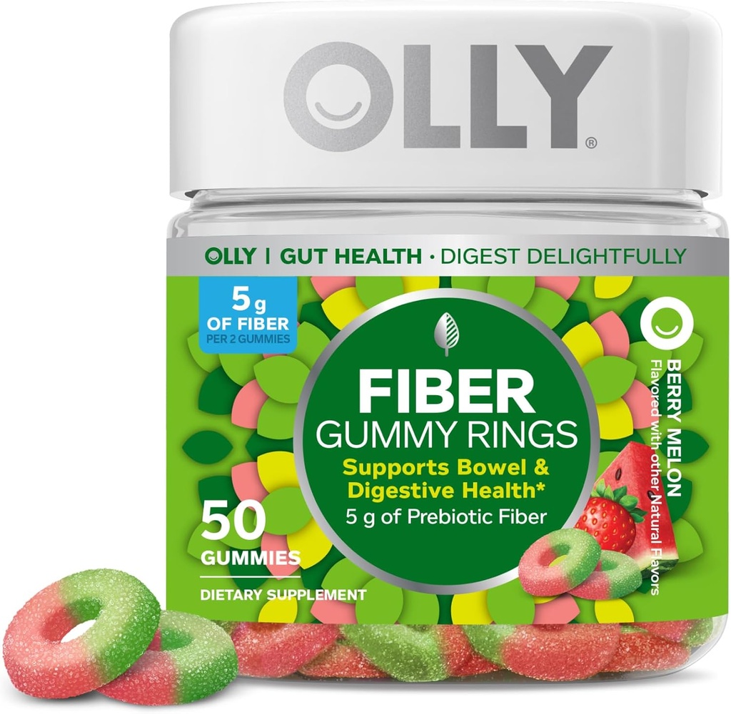 OLLY Fiber Gummy Rings, 5g Prebiotic Fiber, FOS (Fructo-oligosaccharides), Digestive Support, Berry Melon 50ct