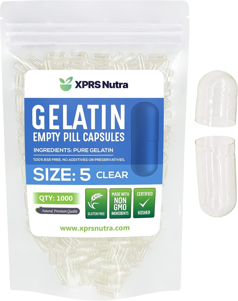 XPRS Nutra Size 5 Empty Capsules - 1000 Count Very Small Clear Empty Gelatin Capsules - Pills DIY Capsule Filling - Fillable Pill Gel Caps for Do-It-Yourself Vitamin Supplements