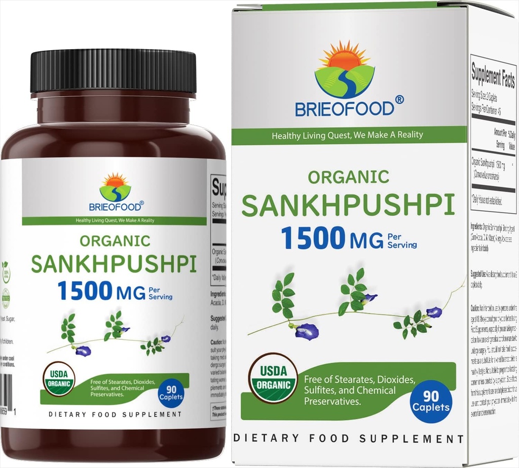 Brieofood Organic Sankhpushpi 1500mg, 45 Servings, Vegetarian, Gluten Free, 90 Vegetarian Tablets