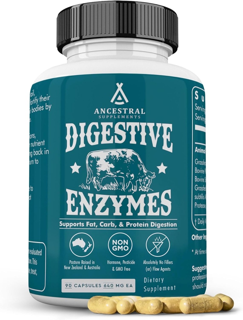 Ancestral Supplements Digestive Enzymes for Women & Men, 90 Capsules, with Probiotics and Grass Fed Beef Organs, Supports Gut Health, Digestive Health & Nutrient Absorption, Allergen Free, Non GMO