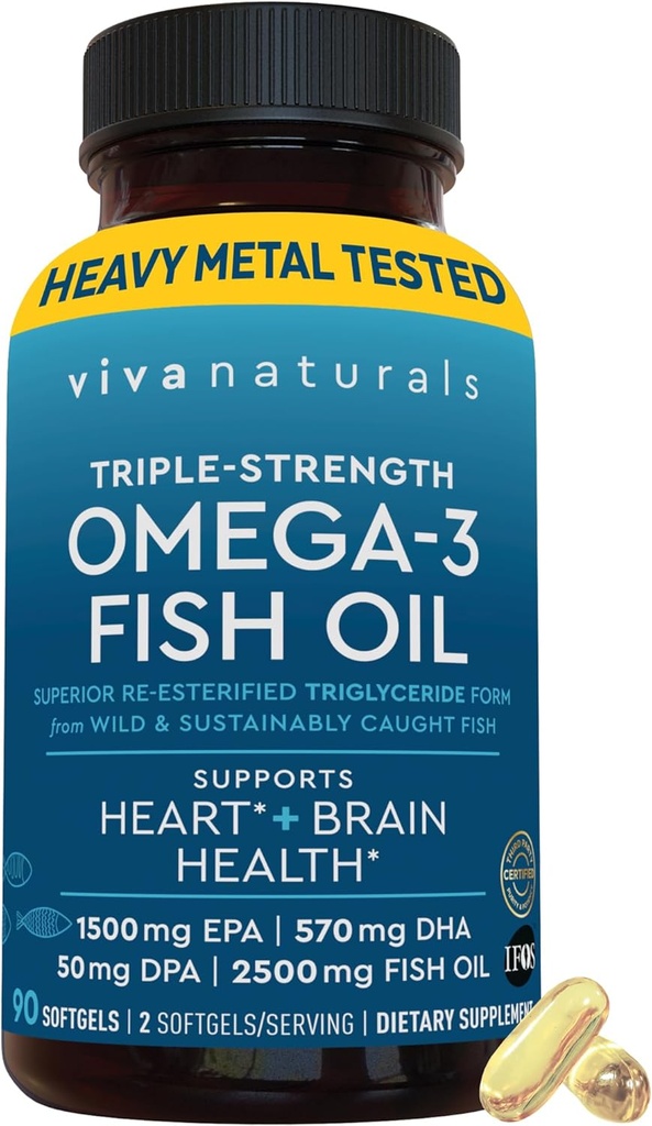 Viva Naturals Triple Strength Omega 3 Fish Oil Pills – 2500 mg High-Potency Formula with 2250 mg Omega 3 Fatty Acids (Including EPA, DHA, DPA) in rTG Form for Absorption – IFOS Certified, 90 Softgels
