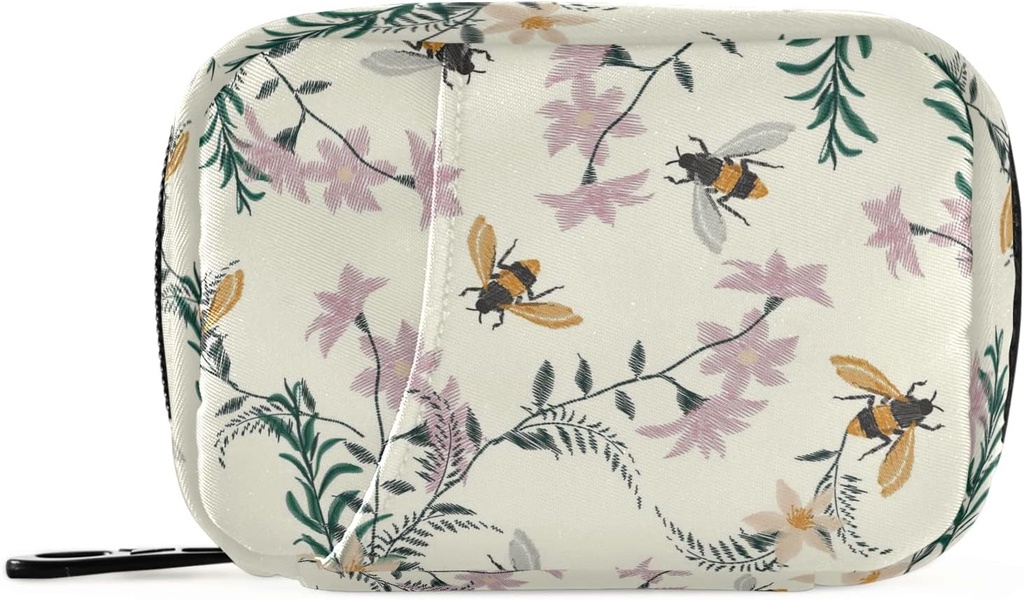 Floral Honey Bee Pill Box 7 Day Pill Case Travel Pill Organizer Bag with Zipper Portable Weekly Case Compact Size for Vitamin Supplement Holder