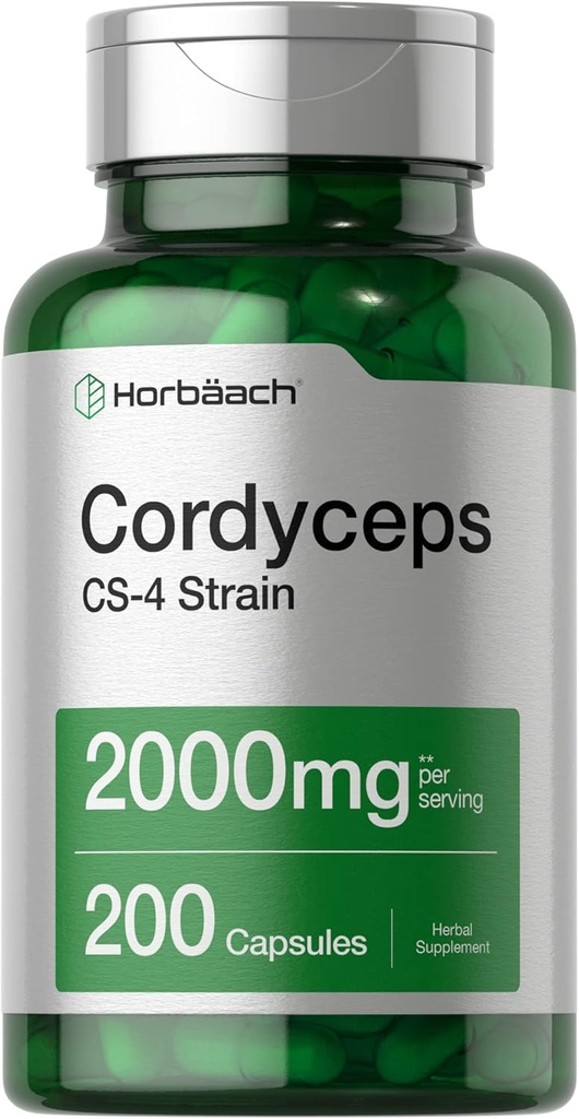 Horbäach Cordyceps Mushroom Capsules 2000mg | 200 Count | CS-4 Strain Cordyceps Sinesis | Non-GMO Herbal Supplement