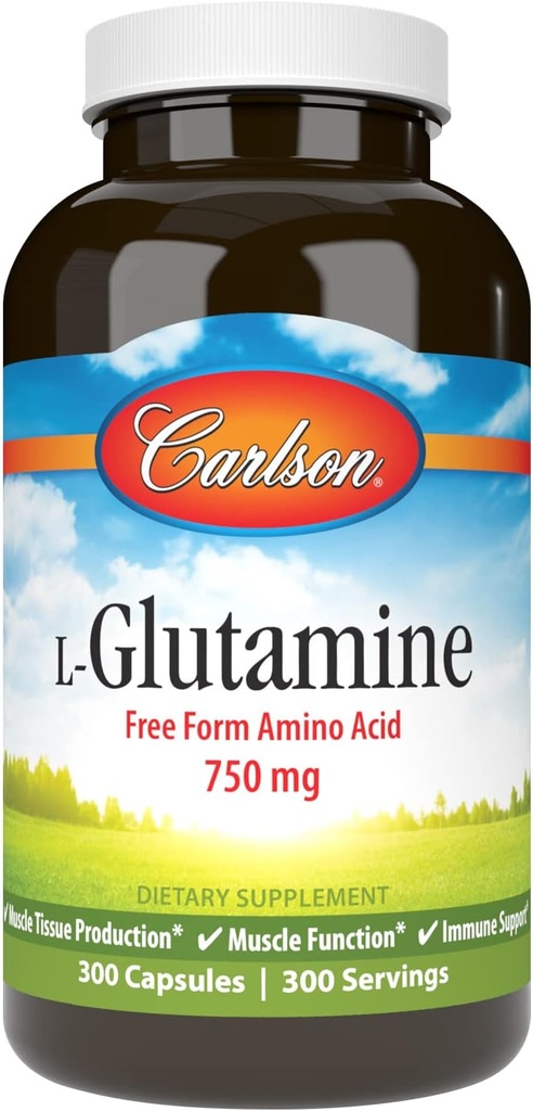 Carlson - L-Glutamine, Free-Form Amino Acid, 750 mg, Muscle Tissue Production, 300 Capsules