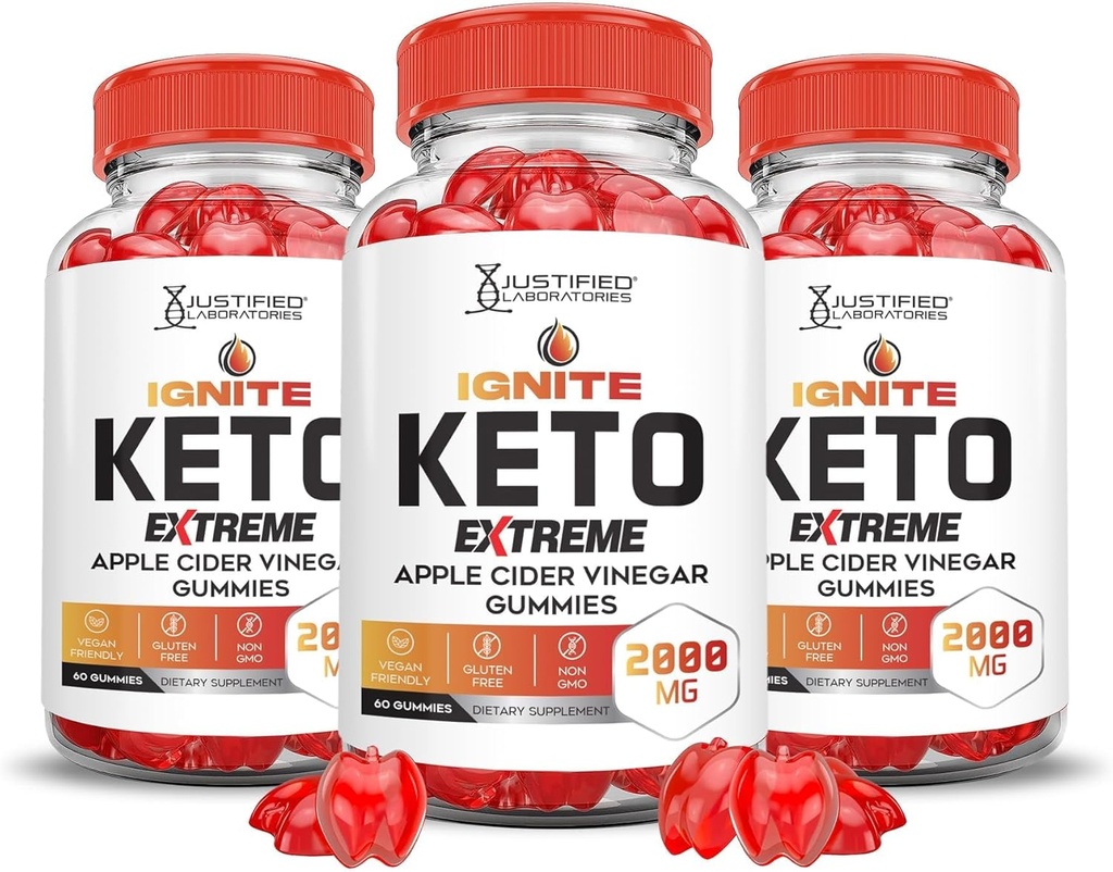 Justified Laboratories (3 Pack Ignite Keto ACV Gummies Extreme 2000MG Advanced Ignite Keto Gummies Apple Cider Vinegar Formulated with Pomegranate Beet Juice Powder B12 Vegan Non GMO 180 Gummys