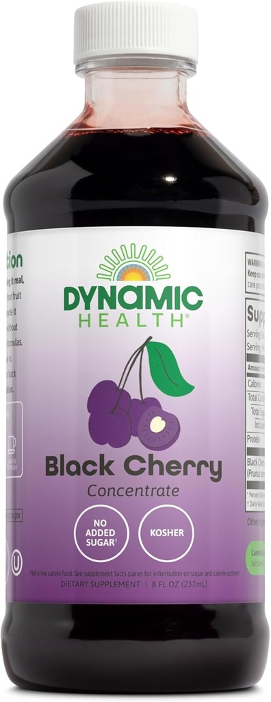 Dynamic Health Pure Black Cherry Unsweetened 100% Juice Concentrate, No Additives or Preservatives, Antioxidant, 8oz (Packaging Varies)