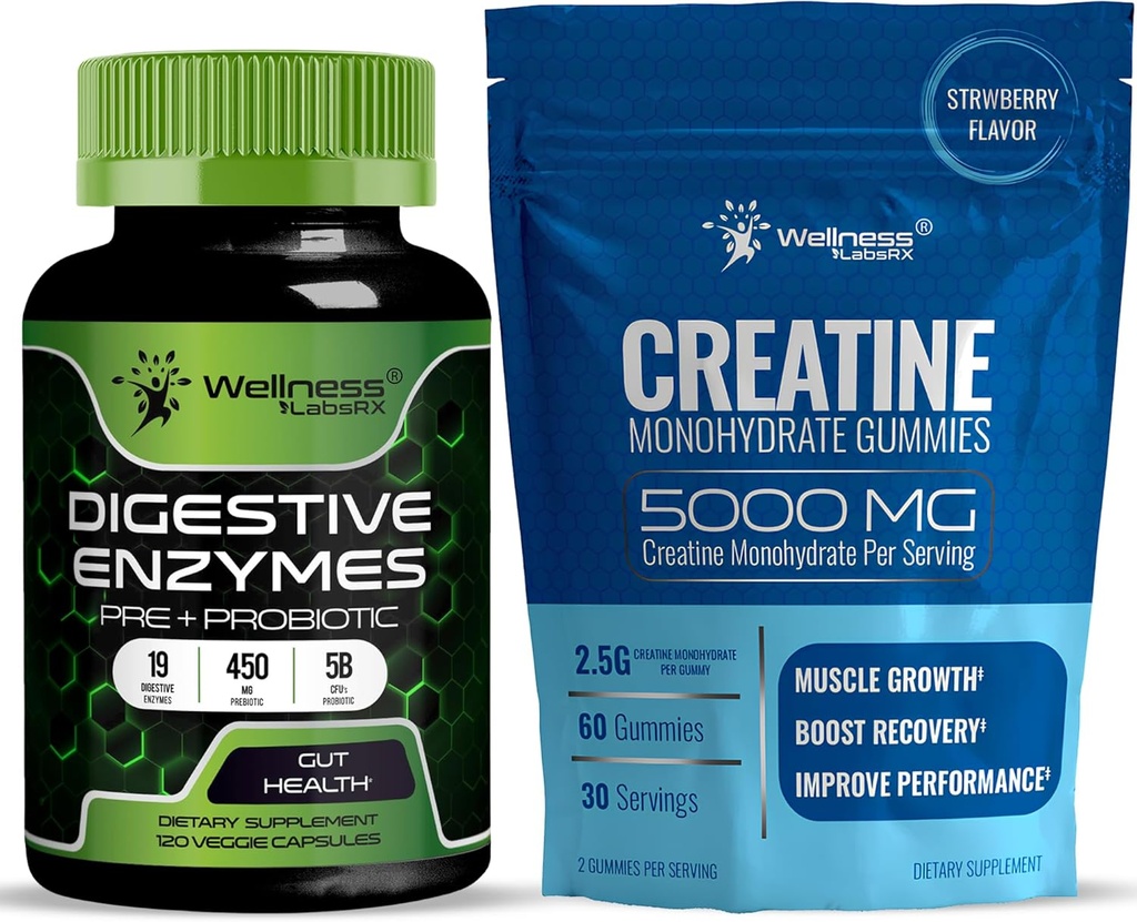 WELLNESS LABSRX Digestive Enzymes Capsules 5 Billion CFUs - Creatine Gummies 5000mg