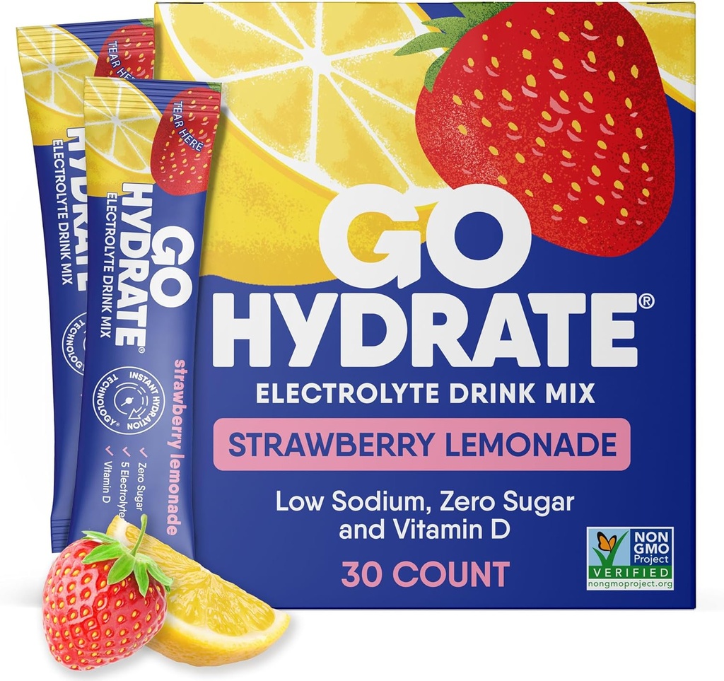 GoHydrate Low Sodium Electrolytes Powder Packets Sugar Free - Instant Hydration Daily Drink Mix - Zero Sugar Water Flavor Packet Singles with Vitamin D - (Strawberry Lemonade, 30 Packs)