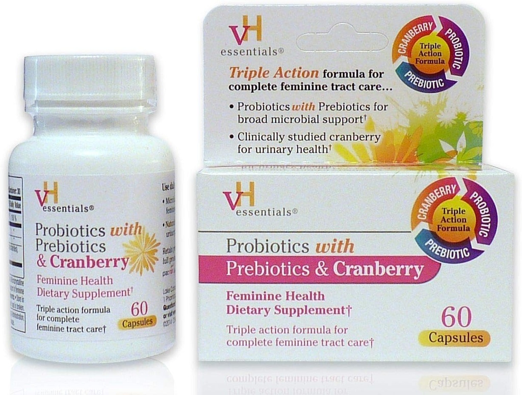 vH Essentials Probiotics with Prebiotics and Cranberry Feminine Health Supplement - 60 Capsules 1-Pack