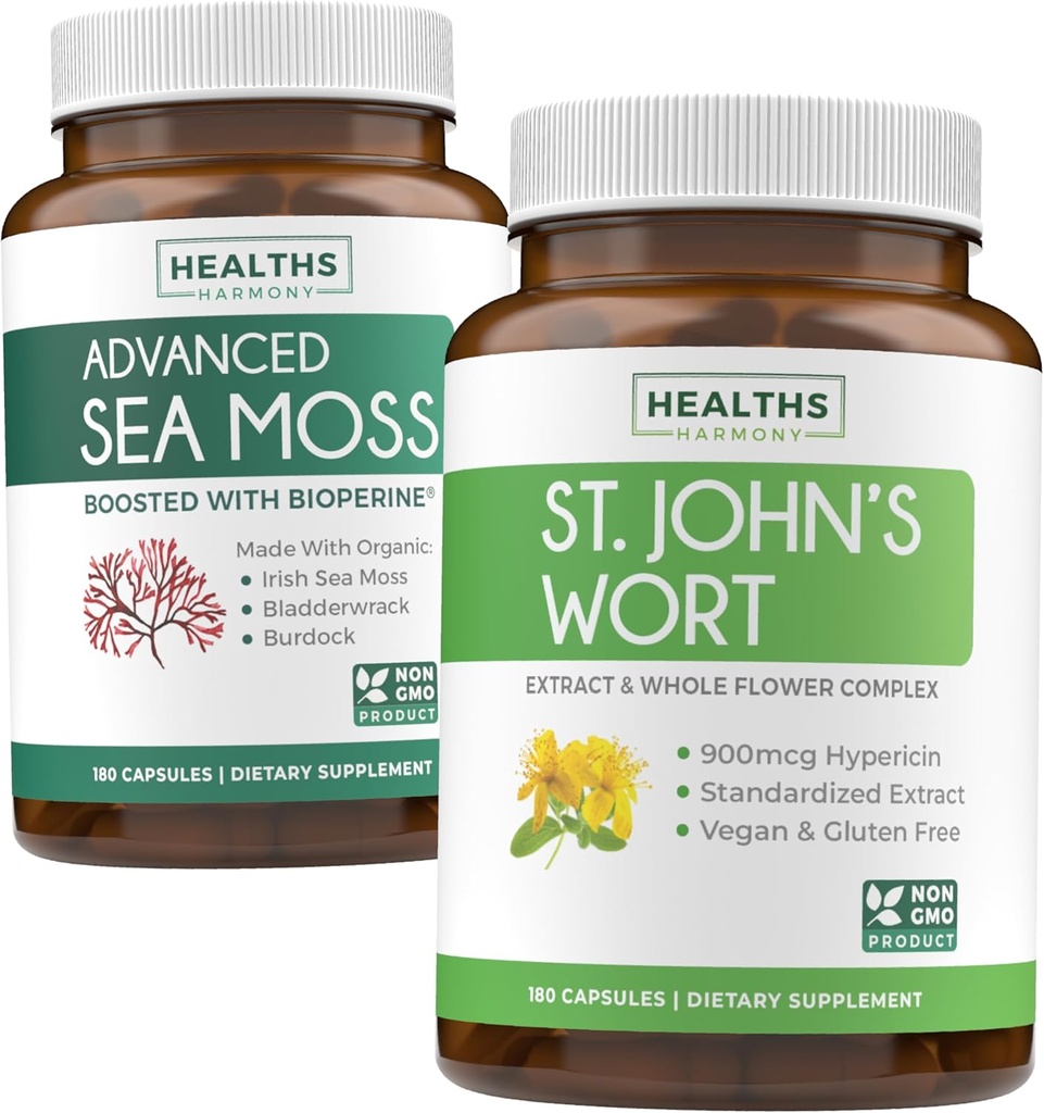 Sea Moss & St. John's Wort (2-Month Supply) Mood Moss Blend - Organic Irish Sea Moss - Raw Vegan Supplement (180 Caps) & St John's Wort with Powerful 900mcg Hypericin Vegan Non-GMO (180 Capsules)