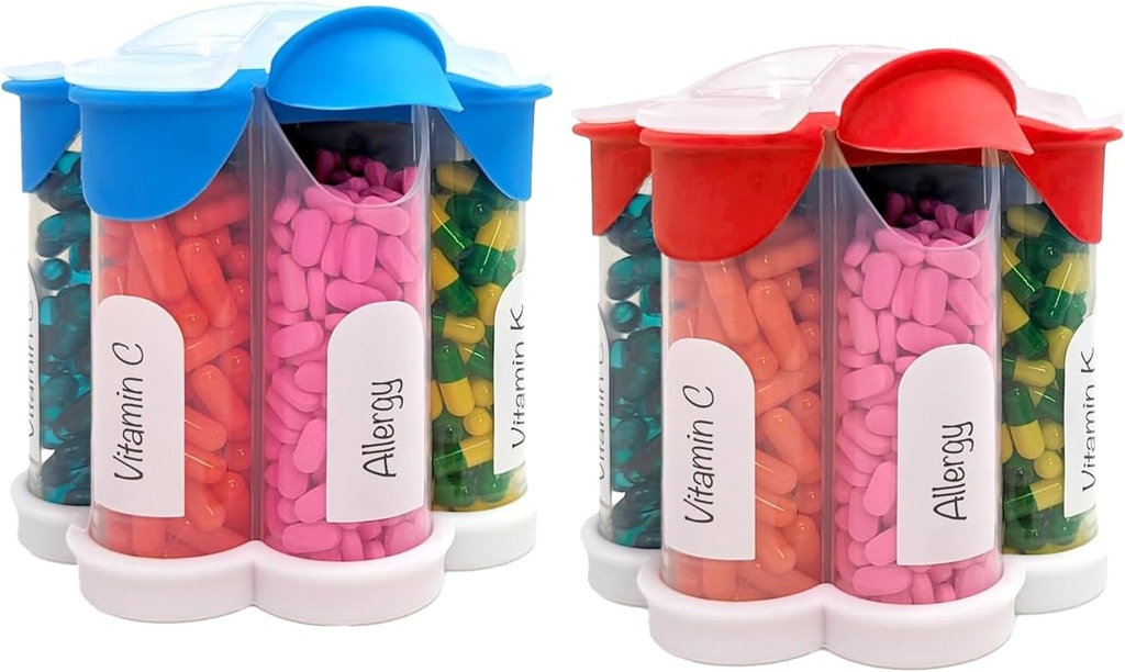 Extra Large Pill Organizer Daily, Weekly, Monthly Supplement Bottle, Cute Blossom Pill Dispenser with 7 XL Compartments (2 Pack Combo) (Light Blue and Red)