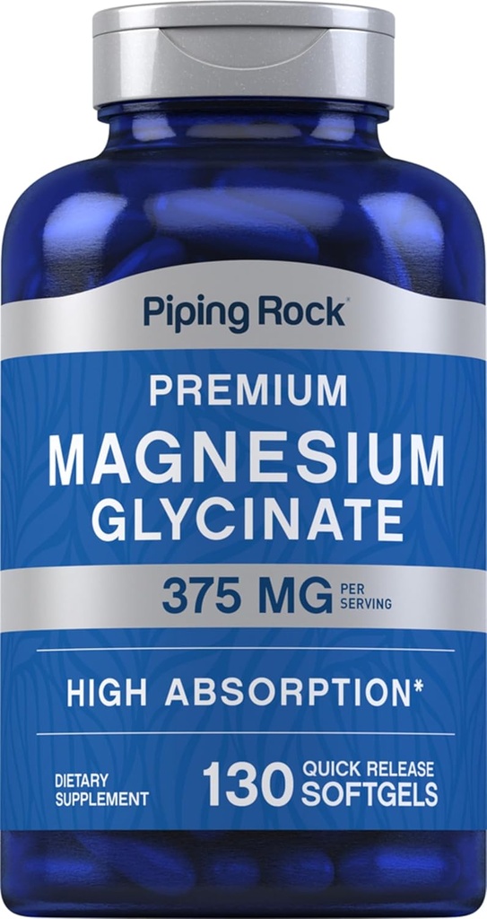 Piping Rock Magnesium Glycinate | 375mg | 130 Count | Premium & High Absorption | Quick Release Softgels | Non-GMO & Gluten Free Formula