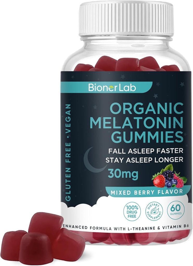 BionerLab Melatonin Gummies (30mg) Enhanced with L-theanine & Vitamin B6 for Adult Women Men - Extra Strength Chewables Calm Gummy - Gluten Free