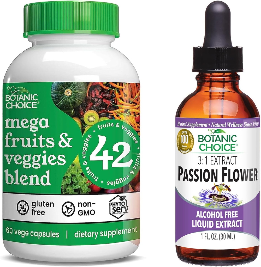 Botanic Choice Mega Fruits and Veggies Blend (60 Capsules) + Passion Flower Extract (1 fl oz) Bundle - Energy Balance & Superfood Supplement + Relaxation Support