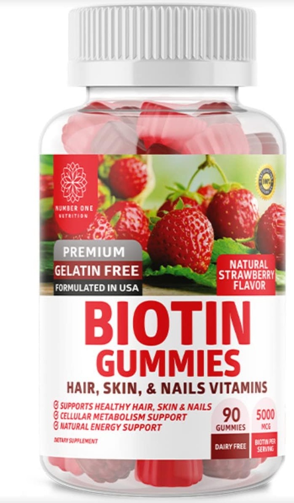Number One Nutrition N1N Premium Biotin Gummies 5000mcg [High Potency, 90 Gummies] for Healthy Hair, Skin and Nails for Adults and Kids, Vegan, Non-GMO, Pectin Based