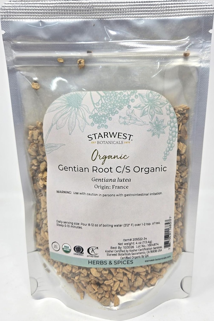 Starwest Botanicals Organic Gentian Root C/S, 4 Ounces