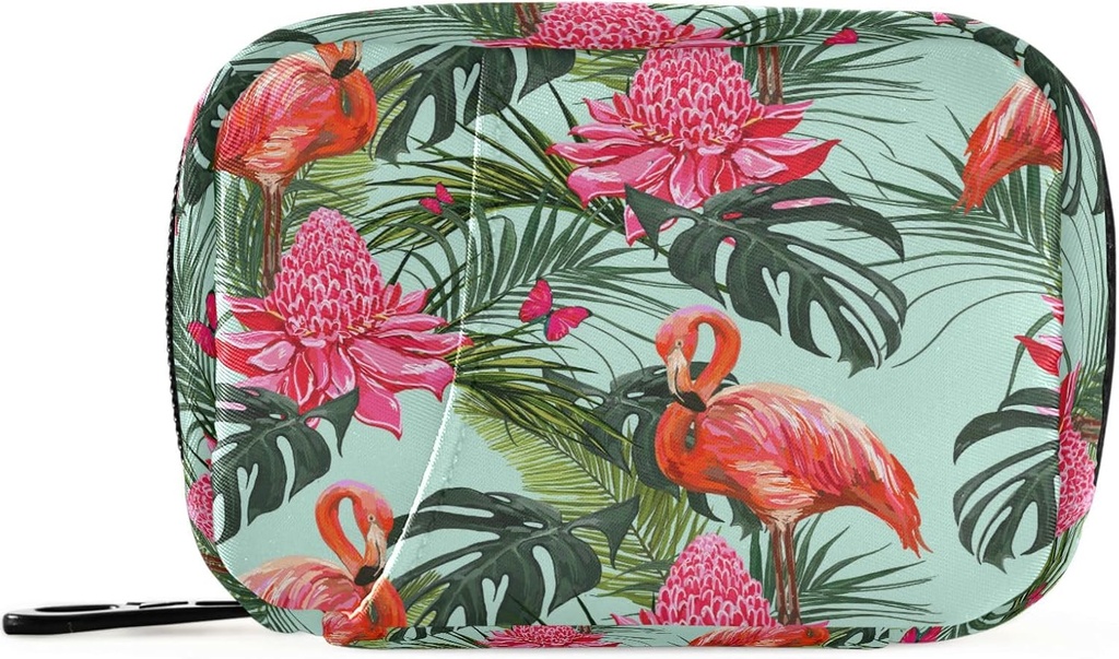 Tropical Flamingo Palm Leaves Pill Organizer Case Summer Floral 7 Day Travel Pill Box with Zipper Portable Weekly Vitamin Medicine Supplement Holder Pouch Bag