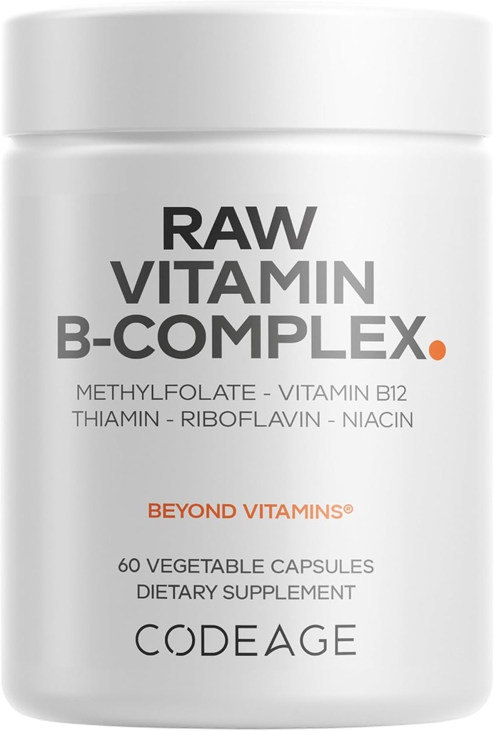 Codeage Raw Vitamin B-Complex Supplement - Essential B Vitamins with Probiotics, Digestive Enzymes, Fruits & Vegetables - 2-Month Supply - Methylfolate - Biotin - Vitamin B12 - Non-GMO - 60 Capsules